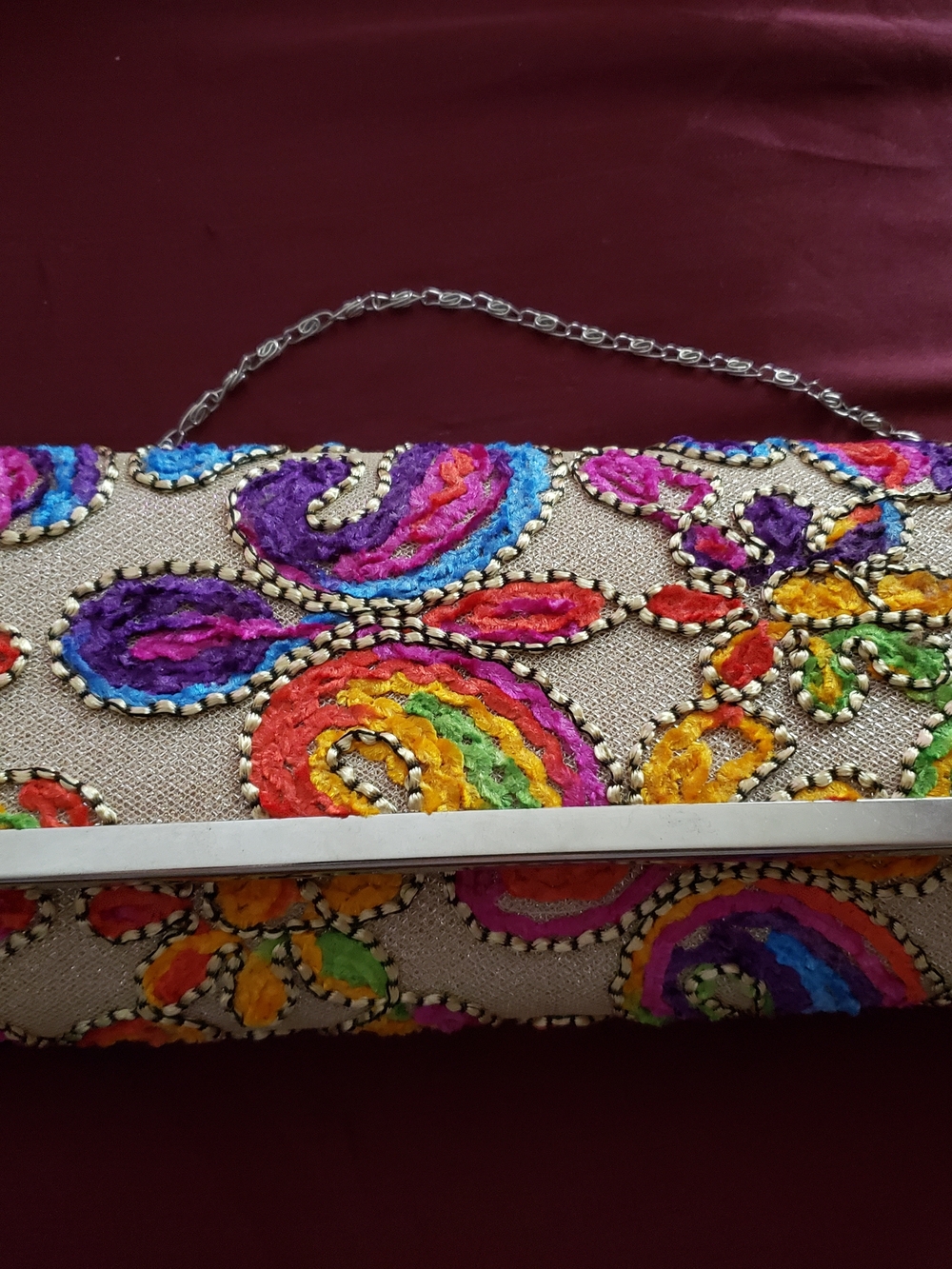 Multicolor Embroidered Paisley Dressy Clutch with Chain Strap, Gorgeous ! NWT
